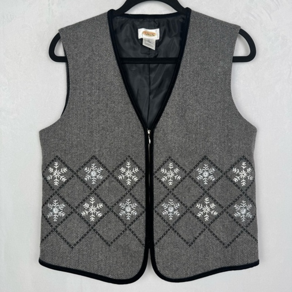 Talbots Womens Vest Size S Gray Herringbone Snowflake Zip Front‎ Winter Holiday